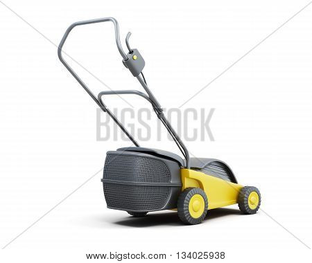 Yellow lawn mower isolated on a white background. Electric lawn mower. 3d render image.