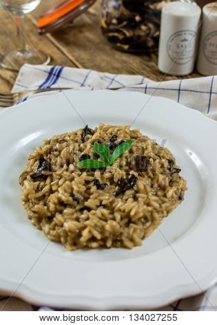 Traditional italian risotto with mushroom on white plate