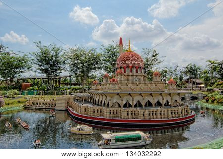 JOHOR MALAYSIA - May 2 2014 : Replica of pink- domed Putra Mosque in Legoland Johor Malaysia. Opened in 2012 Legoland Malaysia was the first Legoland in Asia.