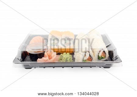 Sushi delivery box on white background. Japan menu in black transport box