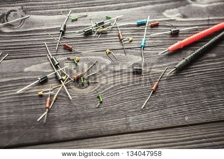 Electronic Components  On Wooden Rustic Background
