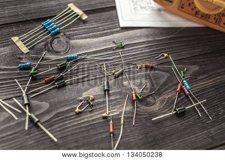 Electronic Components  On Wooden Rustic Background