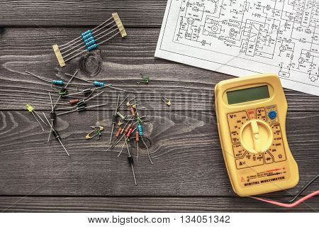 Electronic Components  On Wooden Rustic Background