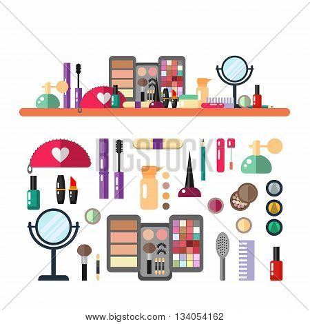 Vector flat illustration make up cosmetic. Set of design cosmetics, make up icons, elements with header banner illustration. Beauty store.