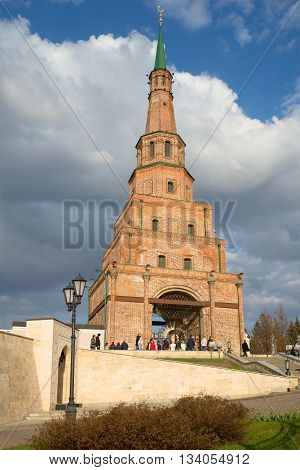 KAZAN, RUSSIA - APRIL 30, 2016: Suyumbike tower, april evening. The Kazan Kremlin. Historical landmark of the city Kazan