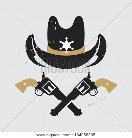 Wild west sheriff hat and two revolvers. Cowboy badge with sheriff star and guns. Isolated  vector illustration.