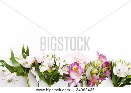 Pink gillyflowers with alstroemeria on the bottom of white background