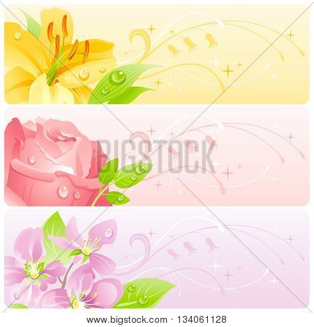 Summer flowers banner set with natural background. Yellow lily, rose, cherry blossom flower for invitation design - wedding card, birthday, bridal shower, mothers day and more.