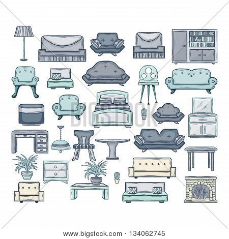Furniture icon set.Vector Icon set of sofas and armchairs in doddle style with shadow isolated on a white background.