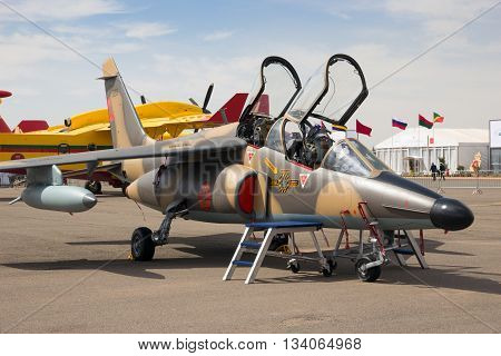 MARRAKECH MOROCCO - APR 28 2016: Moroccan Air Force Dassault Alpha Jet fighter jet on display at the Marrakech Air Show