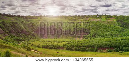 Spring view of Chervonohorod Castle ruins ( Nyrkiv village Zalischyky region Ternopil Oblast Ukraine)