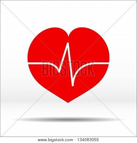 Red heart with pulse cardiogram on it. Color illustration and icon.