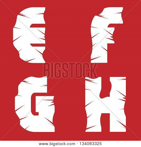 EFGH grunge letters. White scratch alphabet on the red background