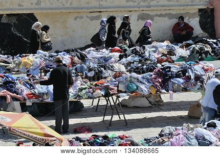 FES - MARCH 09: Arabic people at a market (souk) in a city Fes in Morocco. Fes is a historic city listed in UNESCO. March 09, 2012 Fes, Morocco.