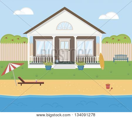 Little house with terrace. Colorful summer landscape. Holidays on the beach. Sea theme. Vacation, relaxation, ocean, sun. Flat style. Vector illustration. EPS 10.