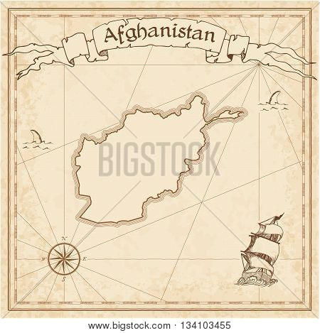 Afghanistan Old Treasure Map. Sepia Engraved Template Of Pirate Map. Stylized Pirate Map On Vintage