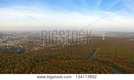 Stuttgart Germany - October 19 2008: View over city of Stuttgart - famous buildings from left to right - Gaskessel Neckarstadion / Mercedes-Benz-Arena Funkturm
