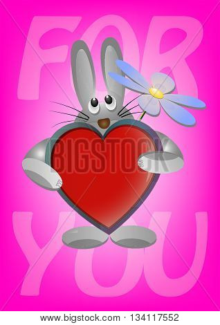 greeting card with a beautiful little Bunny who is holding a red heart and a flower as a sign of love and devotion to your loved one
