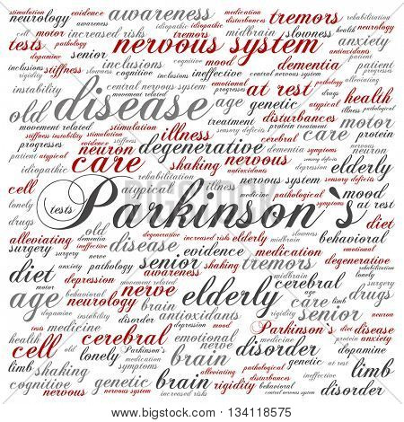 Concept conceptual Parkinson`s disease healthcare or nervous system disorder abstract square word cloud isolated on background