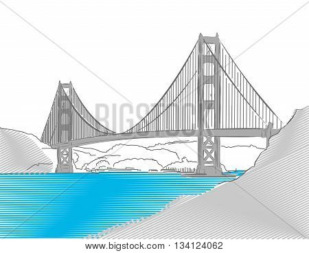 Golden Gate Bridge, San Francisco, Colored Sketch