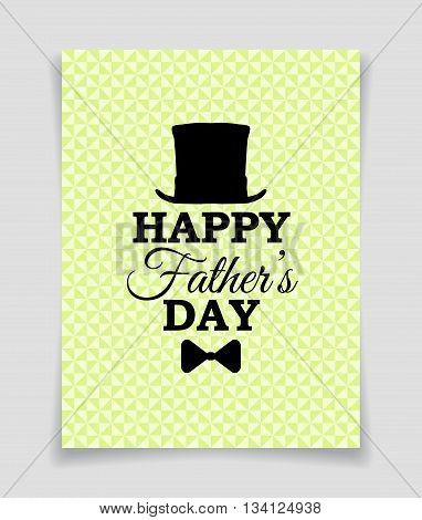 Happy Father's Day vector greeting card with top hat and bow tie on triangle background.