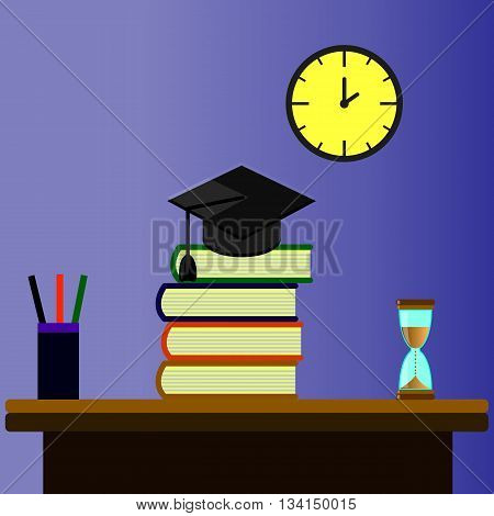 graduate work table on which lay a pile of books, an hourglass, glass pens and pencils on a blue background and yellow mechanical watches