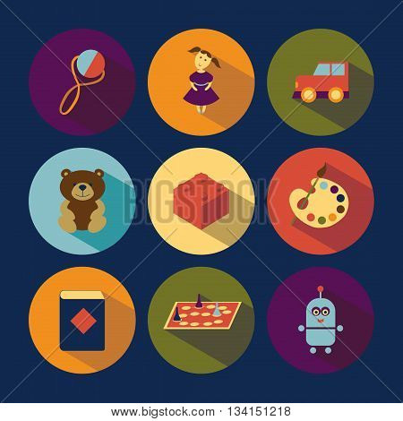 Vector icons of toys. Set in a flat style.