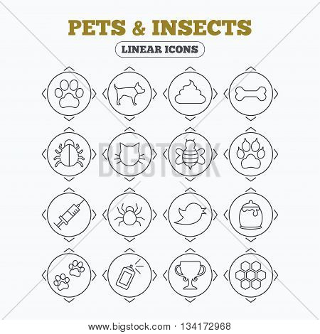 Linear icons with direction arrows. Pets and Insects icons. Dog paw. Cat paw with clutches. Bone, feces excrement and vaccination. Honey, bee and honey comb. Circle buttons.