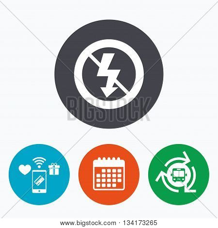 No Photo flash sign icon. Lightning symbol. Mobile payments, calendar and wifi icons. Bus shuttle.