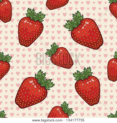 Seamless vector pattern with strawberries and hearts. Vector background