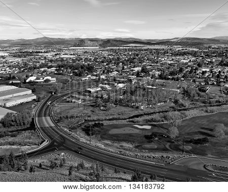 An overhead view of the curve that leads into the small Central Oregon town of Prineville.