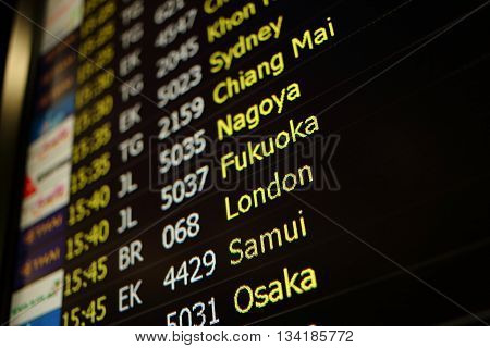 Flight board background of Sydney Chiang Mai Nagoya Fukuoka London Samui Osaka