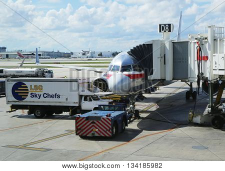 MIAMI, FLORIDA - JUNE 1, 2016: American Airlines plane on tarmac at Miami International Airport. American Airlines operates 274 flights every day from Miami