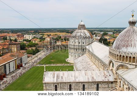 Pisa Italy - June 29 2015: View from Leaning Tower to Cathedral and Baptisery of St. John