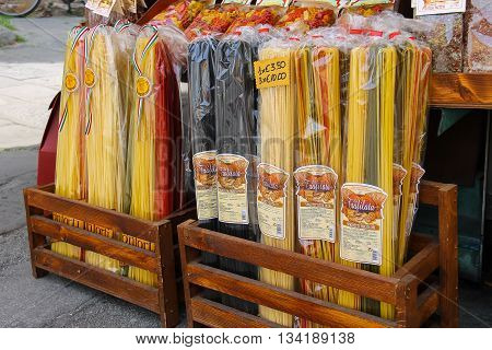 Pisa Italy - June 29 2015: Sale of national Italian pasta at the street souvenirs shop. Province Pisa Tuscany region of Italy