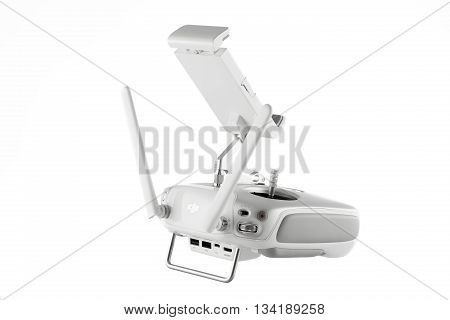 Varna Bulgaria - April 23 2016: ImageRemote controler of DJI Inspire 1 Pro drone UAV quadcopter which shoots 4k video and 16mp still images and is controlled by wireless remote with a range of 2km isolated on white