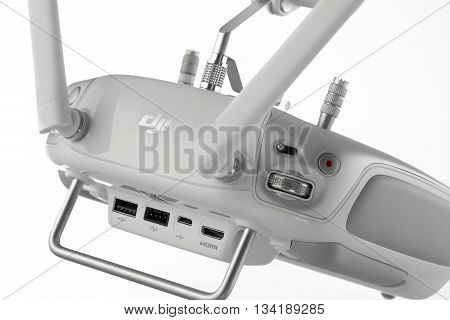 Varna Bulgaria - April 23 2016: ImageRemote controler of DJI Inspire 1 Pro drone UAV quadcopter which shoots 4k video and 16mp still images and is controlled by wireless remote with a range of 2km isolated on white