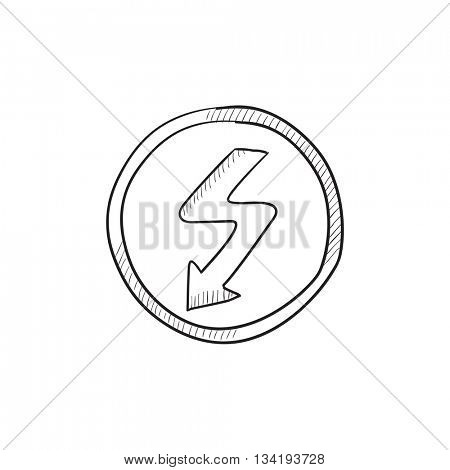 Lightning arrow downward vector sketch icon isolated on background. Hand drawn Lightning arrow downward icon. Lightning arrow downward sketch icon for infographic, website or app.