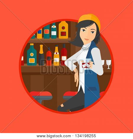 A young woman sitting at the bar counter. Woman sitting with glass in bar. Cheerful young woman sitting alone at the bar counter. Vector flat design illustration in the circle isolated on background.