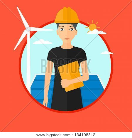 Worker of solar power plant and wind farm. Woman with folder on background of solar panel and wind turbine. Green energy concept. Vector flat design illustration in the circle isolated on background.