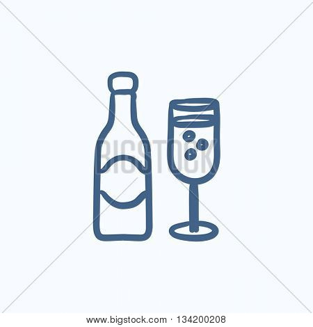 Champagne bottle and two glasses vector sketch icon isolated on background. Hand drawn Champagne bottle and two glasses icon. Champagne bottle and glasses sketch icon for infographic, website or app.