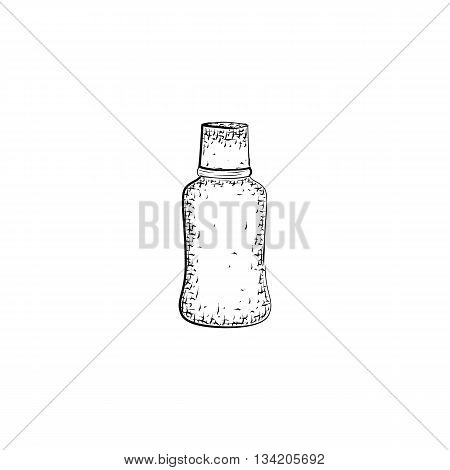 Hand drawn bottle. Container for mixture or product for body care and hygiene. Detailed sketch of container isolated on white background. Black and white pencil or ink drawing