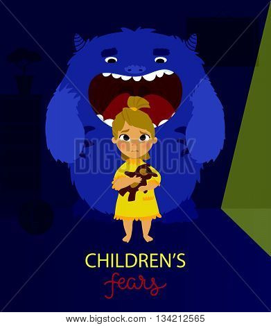 Vector illustration of children's fears of darkness and monsters poster design concept for banners