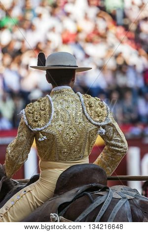 Jaen Spain - October 18 2010: Picador bullfighter lancer whose job it is to weaken bull's neck muscles in the bullring for Jaen Spain