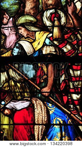 Triel sur Seine France - april 3 2016 : historical stained glass window in Saint Martin church
