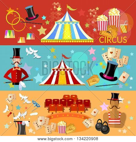 Circus banner circus performance tent magic hat tricks vector illustration