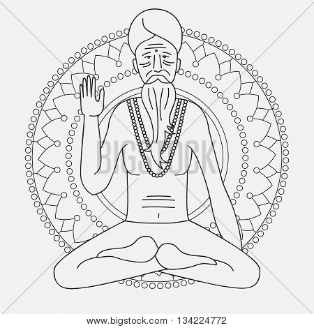 yoga meditating sadhu, logo asia hinduism monk, india religious guru man character, mandala
