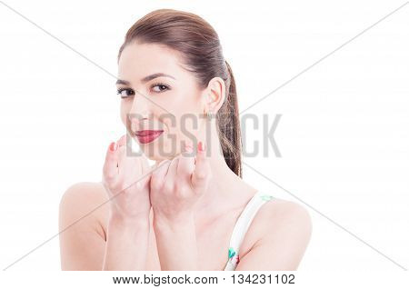 Beautiful Lady Looking At Camera And Making Come Here Gesture