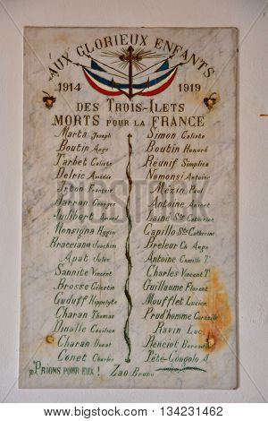 Les trois Ilets; Martinique France - august 31 2015 : the war memorial in the church