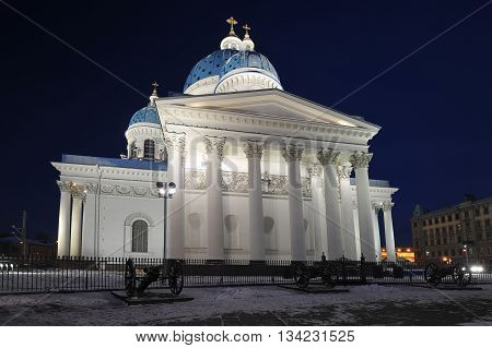 Night View Of The Troitsky Cathedral In St. Petersburg, Russia